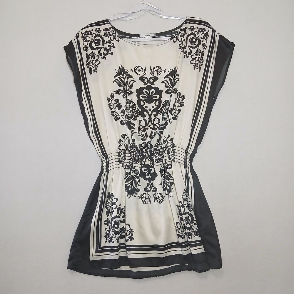 Y2K Vintage Papaya Silky Tunic Top Sleeveless Floral Black Cream Dressy 1027